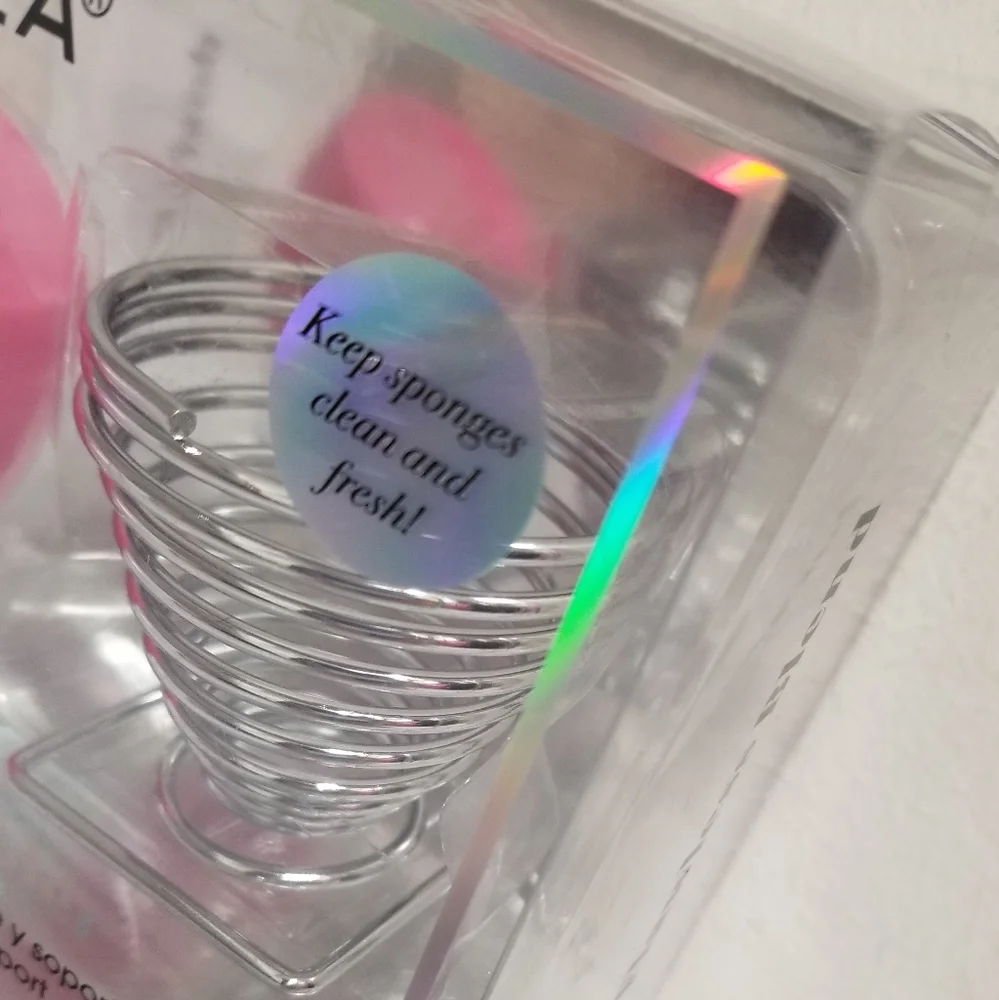 CALA Hot Pink Pro Blender Makeup Sponge & Silver-tone Holder Stand NWT
